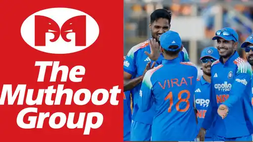 Muthoot Fincorp logo beside the Indian cricket team jersey as the company is reportedly set to become the new title sponsor until 2028