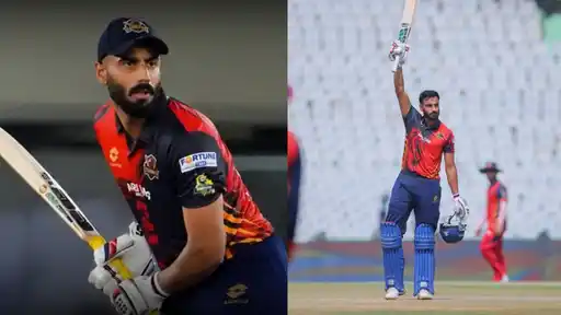 Naman Dhir celebrates his 173 off 64 balls for Amritsar Soormas in Sher-e-Punjab T20 League, missing Chris Gayle's T20 world record by 2 runs