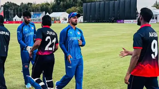 Nepal players celebrate historic 5-wicket win over Afghanistan at Asian Games 2026 in Nisshin, Japan
