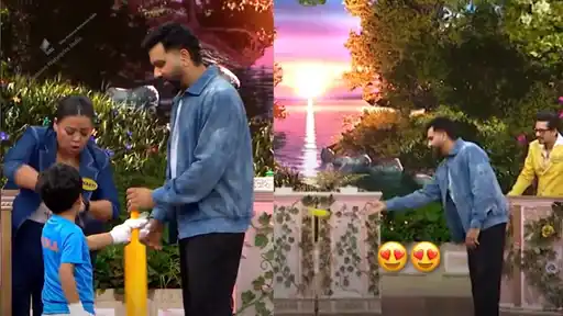 Rohit Sharma bowling to comedian Bharti Singh's son during a fun segment on his TV hosting debut, Family Full House