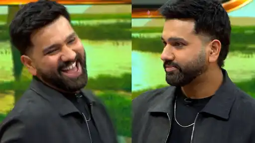 Rohit Sharma smiling during his upcoming show, revealing the three places he is always punctual for — wedding, cricket ground, and a mystery third