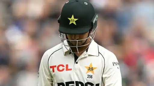 Saim Ayub looks dejected after being dismissed for a first-ball duck, bagging a pair vs England at Edgbaston