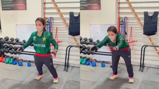 Pakistani cricketer Sidra Amin in her funny workout video that went viral after she won bronze at the Asian Games, with fans comparing her to Babar Azam and Mohammad Rizwan.