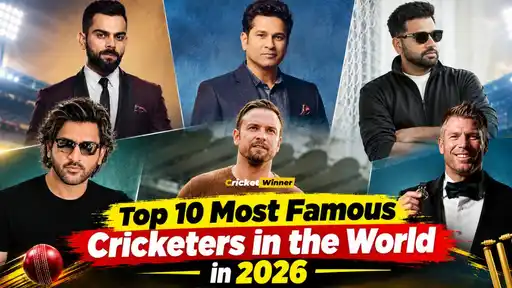 Collage of the top 10 most famous cricketers in the world in 2026 ranked by fan following and global popularity