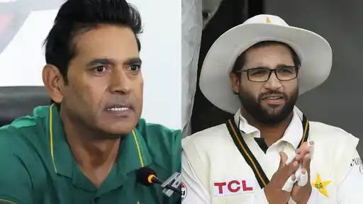 Aaqib Javed speaks to media as Imam-ul-Haq looks on, after the opener missed both innings of the Lord's Test with a calf injury
