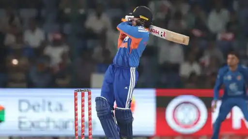 Abhishek Sharma plays an attacking shot during the 3rd T20I between India and Afghanistan
