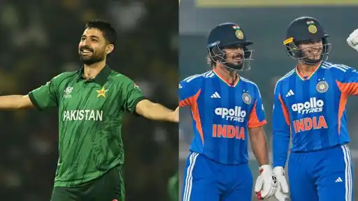 Pakistan bowler celebrating and two India batters smiling together mid-pitch