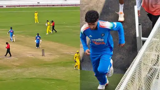 Anvay Dravid batting and Aaryavir Sehwag jogging out in India U19 colours during the Rajkot thriller against Australia