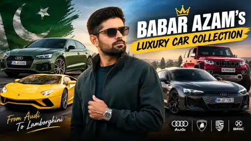 Babar Azam poses beside his Lamborghini Aventador and Audi cars from his luxury car collection