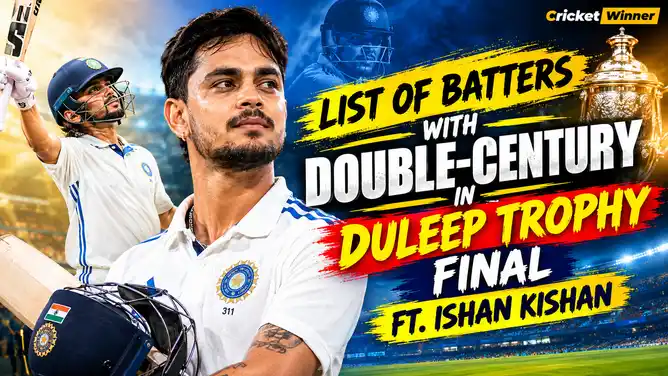 Ishan Kishan raises his bat in celebration, featured in the list of batters with double centuries in Duleep Trophy finals