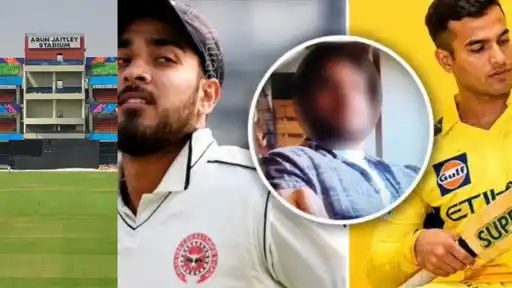 Collage of Arun Jaitley Stadium, a domestic cricketer, a blurred-face man, and a player in Chennai Super Kings kit, related to the DPL 2026 corruption allegations