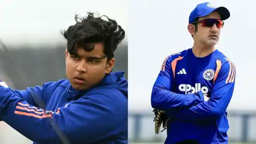 Young India batter mid-shot and Gautam Gambhir in India training kit with arms crossed