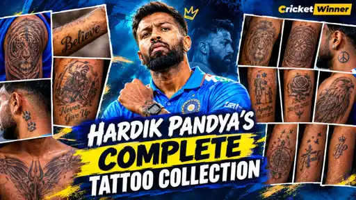 Hardik Pandya's full tattoo collection featuring a tiger, lion, eagle, rose, compass, "Believe," "Never Give Up," and family-tribute designs across his arms and shoulders