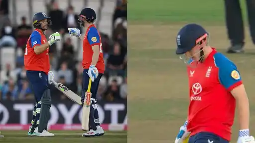 England batters celebrate mid-innings (left) as a teammate walks off dejected (right) during England's explosive batting display against Sri Lanka in the 1st T20I