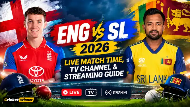 England vs Sri Lanka 2026 series graphic showing live match time, TV channel and streaming guide, featuring both team captains