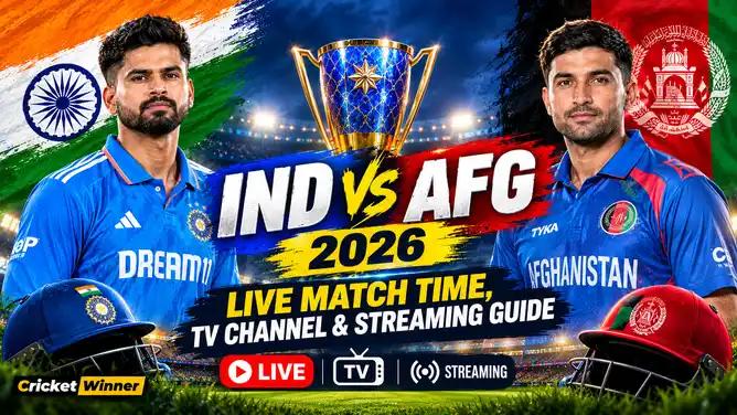India vs Afghanistan 2026 series graphic showing live match time, TV channel and streaming guide, featuring both team captains