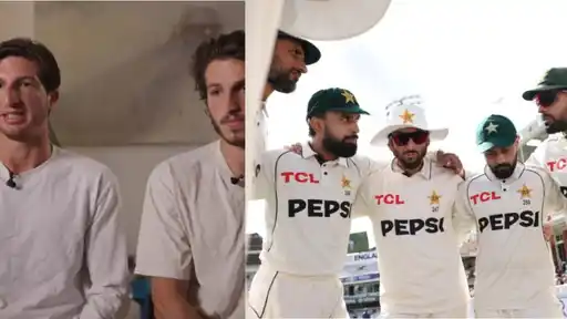 Imran Khan's sons Kasim and Sulaiman speak out beside a photo of Pakistan players huddled during the Lord's Test