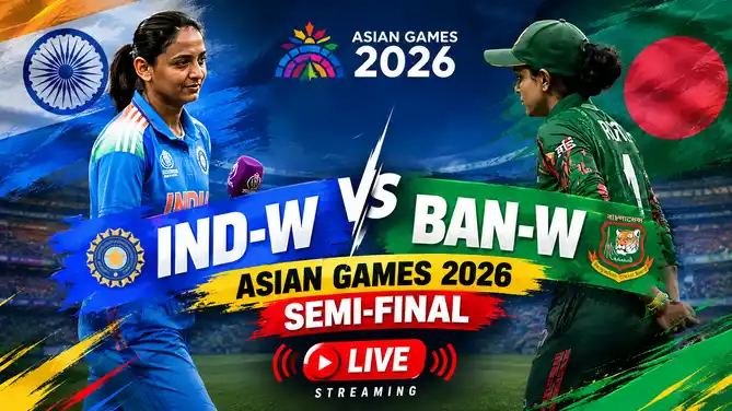 IND-W vs BAN-W Asian Games 2026 cricket semi-final live streaming poster featuring Harmanpreet Kaur and Bangladesh's captain