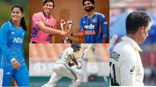 India women's player, two players shaking hands over a Japan vs India trophy, and an India batter and an Australia player in Test whites