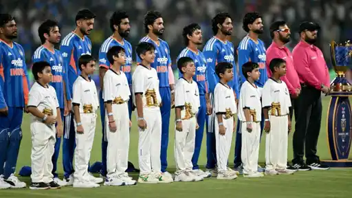 India men's cricket team lineup ahead of the national anthem, amid reports of a jersey sizing issue before their Asian Games 2026 departure