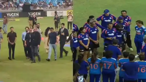 Officials walk off the field (left) as the India Women's team huddles together on the ground (right) after refusing to accept the Women's Asia Cup 2026 trophy from Mohsin Naqvi