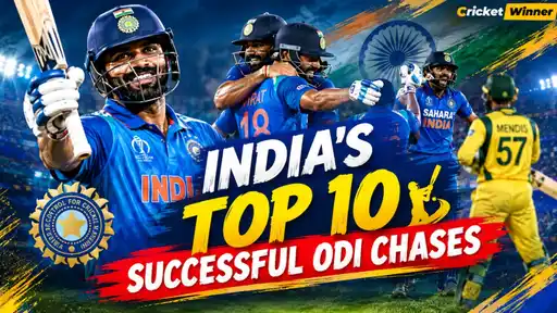 Indian cricketers celebrating, including a batter raising his bat and Kohli hugging a teammate, marking India's greatest ODI run chases
