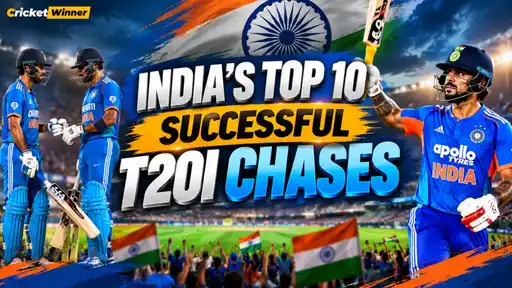 Indian cricketers celebrating, including two batters fist-bumping and a batter raising his bat, marking India's greatest T20I run chases