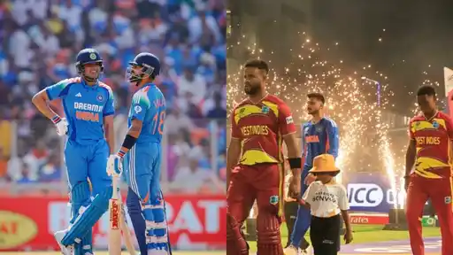 Two India batters chatting mid-pitch and India and West Indies players walking out for a match
