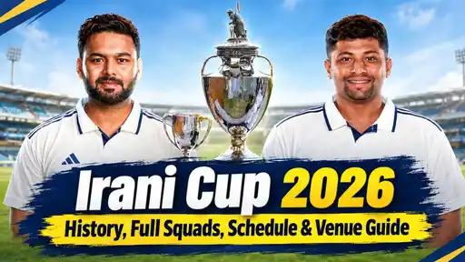 Irani Cup 2026 preview graphic — Jammu & Kashmir vs Rest of India at Sher-i-Kashmir Stadium, Srinagar