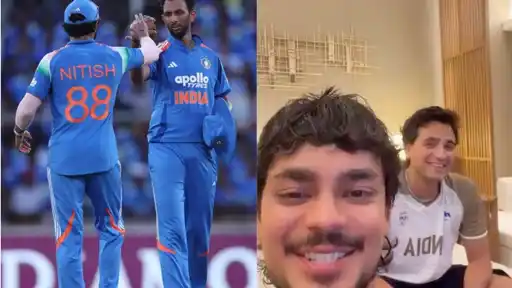 Ishan Kishan and Abhishek Sharma react while watching the IND vs WI 1st ODI live from Japan