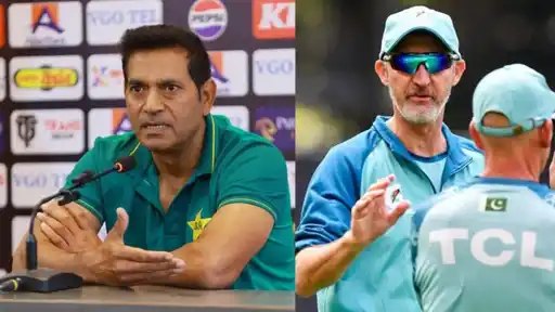 Aaqib Javed speaks to media as Jason Gillespie coaches on the field, amid the row over Pakistan's selection chaos