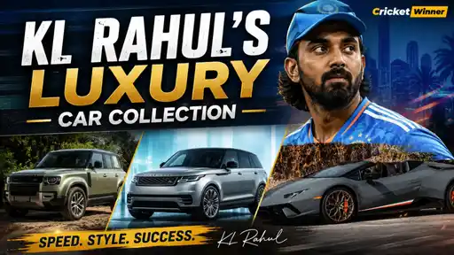 KL Rahul poses beside his luxury car collection, including a Lamborghini, Range Rover, and Land Rover Defender
