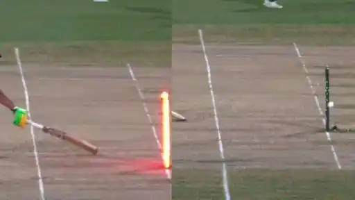 Stumps light up red as Mavendra Dindyal's bat is well short of the crease during a controversial run-out review in CPL 2026