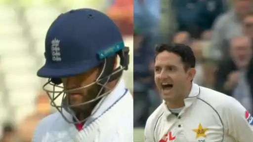 Ben Duckett walks off dejected (left) as Mohammad Abbas celebrates (right) after dismissing him for a first-ball golden duck, 3rd Test vs England at Edgbaston