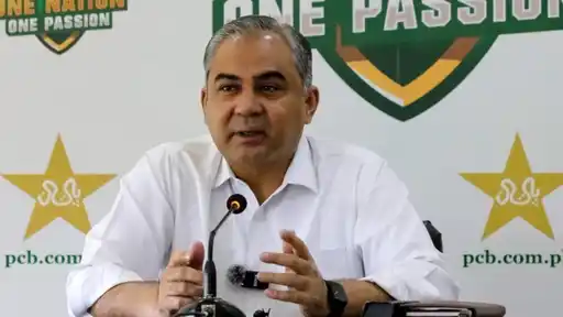 Mohsin Naqvi addressing a press conference amid controversy over presenting medals to Indian players