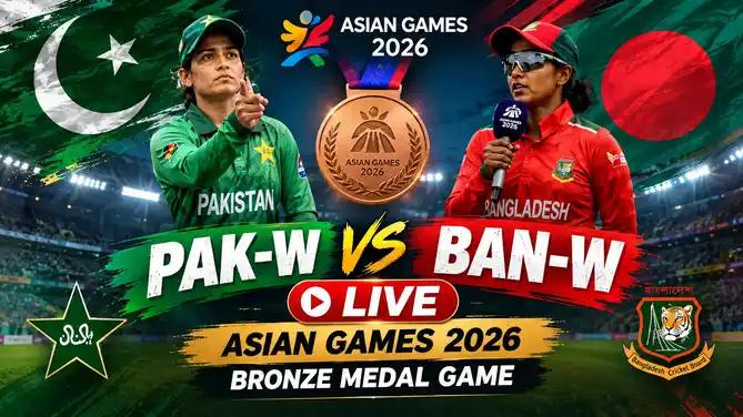 PAK-W vs BAN-W Asian Games 2026 cricket bronze medal match live streaming poster featuring Pakistan and Bangladesh players