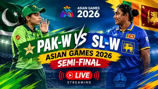 PAK-W vs SL-W Asian Games 2026 cricket semi-final live streaming poster featuring Fatima Sana and Chamari Athapaththu