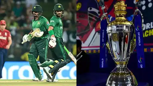 Pakistan players run between the wickets and the ILT20 trophy ahead of the ILT20 2027 auction