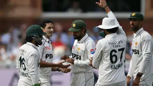Pakistan cricket team players huddle on the field during the England Test series under PCB investigation