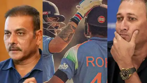 Ravi Shastri and Ajit Agarkar with Rohit Sharma and Virat Kohli