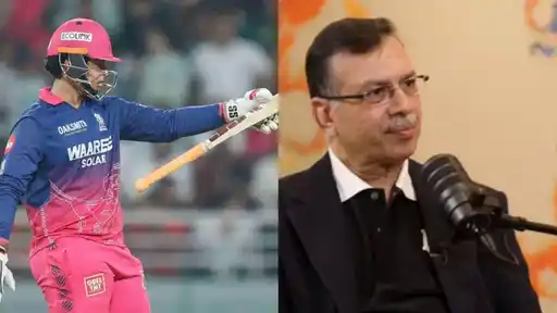 Vaibhav Sooryavanshi celebrates in Rajasthan Royals colors (left) as Sanjiv Goenka speaks in a podcast interview (right), reflecting on missing out on him at the IPL auction