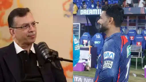 Sanjiv Goenka speaks in a podcast interview (left) as Rishabh Pant smiles in his Delhi Capitals jersey (right), following his trade from Lucknow Super Giants