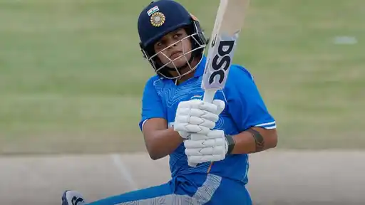 Shafali Verma in her batting stance for India during her maiden T20I century against Bangladesh in the Asian Games 2026 semi-final
