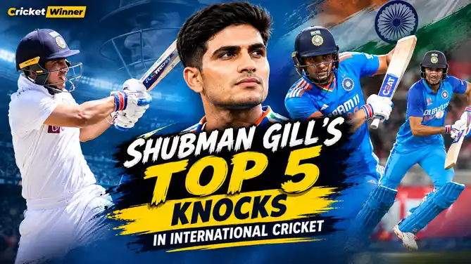 Shubman Gill batting across Test and ODI cricket, featured in a ranked list of his top 5 international knocks