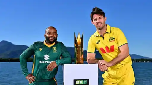South Africa and Australia captains pose with the series trophy ahead of the ODI series