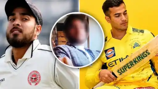 Cricketer in Chennai Super Kings kit and a blurred-face man in a checked shirt, referenced in a spot-fixing claim