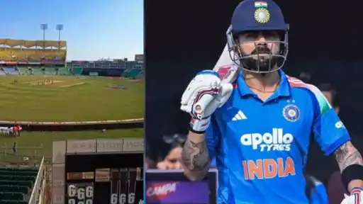 Virat Kohli in India colours raising his bat, with the Greenfield International Stadium in Kerala ahead of the sold-out IND vs WI 1st ODI