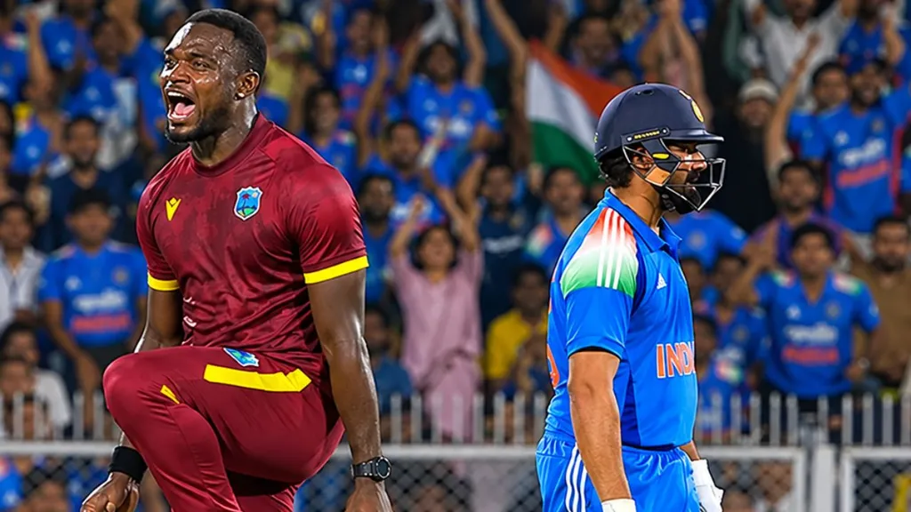 Jayden Seales of West Indies copying Rohit Sharma's jumping dance celebration after dismissing him for 101 in the IND vs WI 2nd ODI