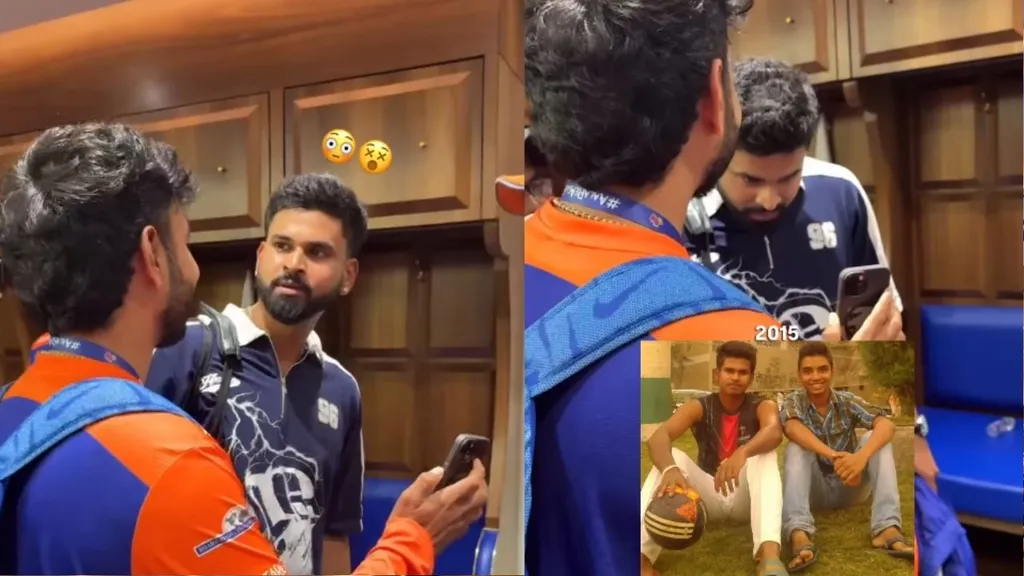 Shreyas Iyer reacting with a smile to a fan's 2015 photo before the IND vs WI 2nd T20I