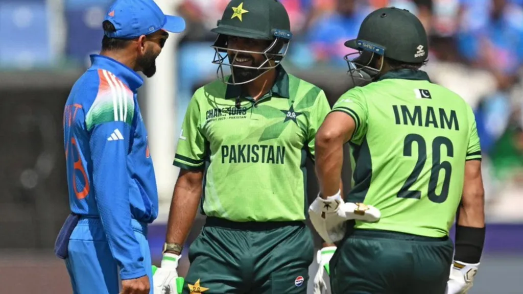 India and Pakistan cricketers talk on the field during a Champions Trophy match, as ICC receives over 1 lakh ticket applications for India vs Pakistan at ODI World Cup 2027